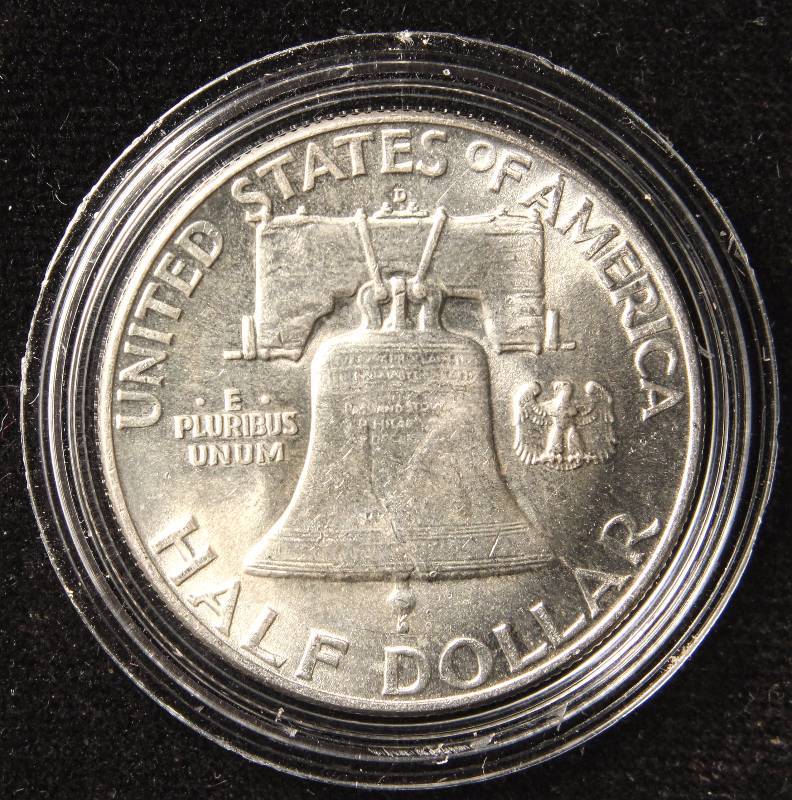 lot 39 image: 1953-D FRANKLIN SILVER HALF DOLLAR UNC IN AIRTITE HOLDER