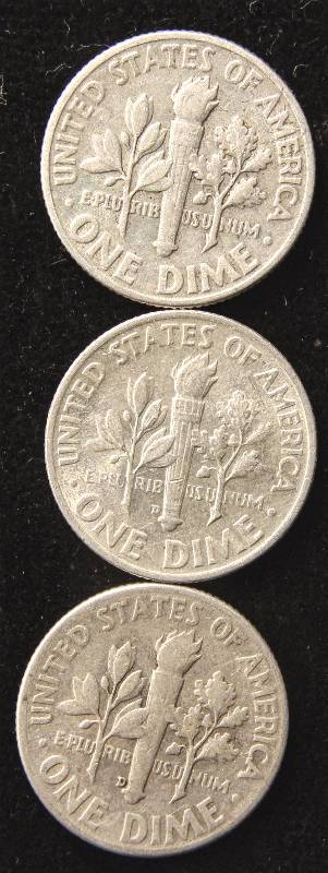 lot 45 image: GROUP OF 3 SILVER ROOSEVELT DIMES 1946P, 1950D & 1952D