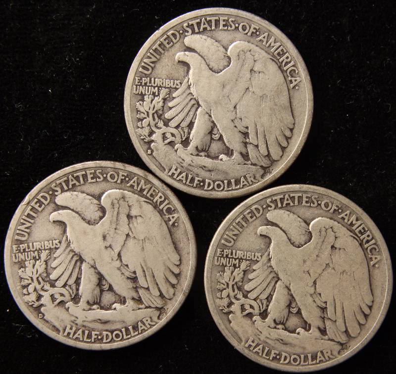 lot 53 image: GROUP OF 3 WALKING LIBERTY SILVER HALF DOLLARS 1936P, 1936D & 1936S