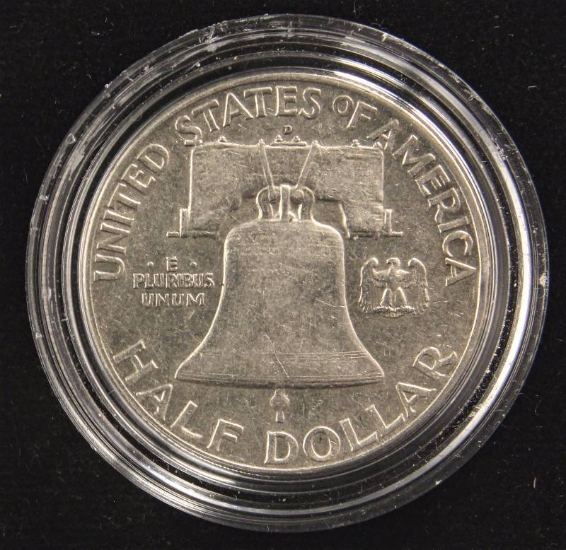 lot 72 image: 1949-D FRANKLIN SILVER HALF DOLLAR IN AIRTITE HOLDER
