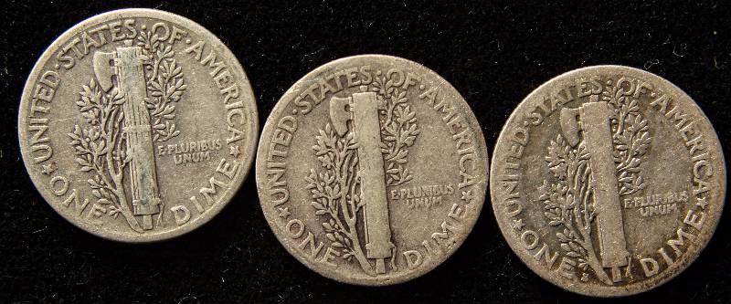 lot 77 image: GROUP OF 3 MERCURY SILVER DIMES 1917S, 1939P, 1941P