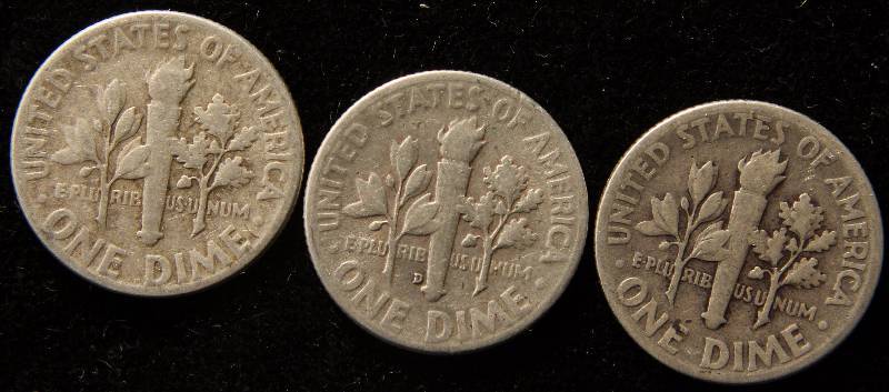 lot 78 image: GROUP OF 3 SILVER ROOSEVELT DIMES 1947P, 1948D & 1951P