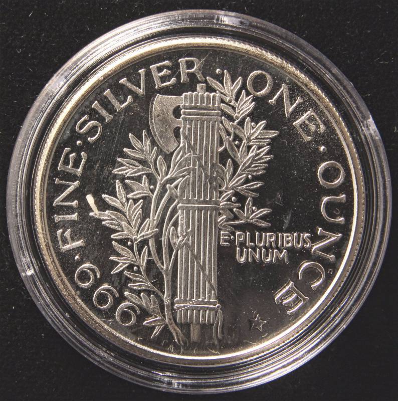 lot 87 image: 1 TROY OZ. .999 FINE SILVER ROUND MERCURY DIME DESIGN IN AIRTITE HOLDER