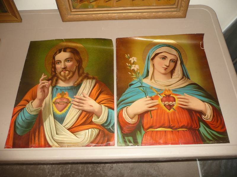 lot 17 image: Antique Artwork Jesus & Mary (RARE RARE RARE) Awesome Pieces - See Pictures - Approx 16wide 20high