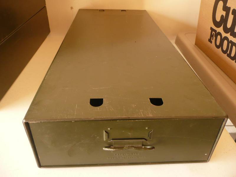 lot 24 image: Vintage Safe-T-Stack Green Metal Storage Index File Card Drawer - Diebold - Approx 13wide 30long