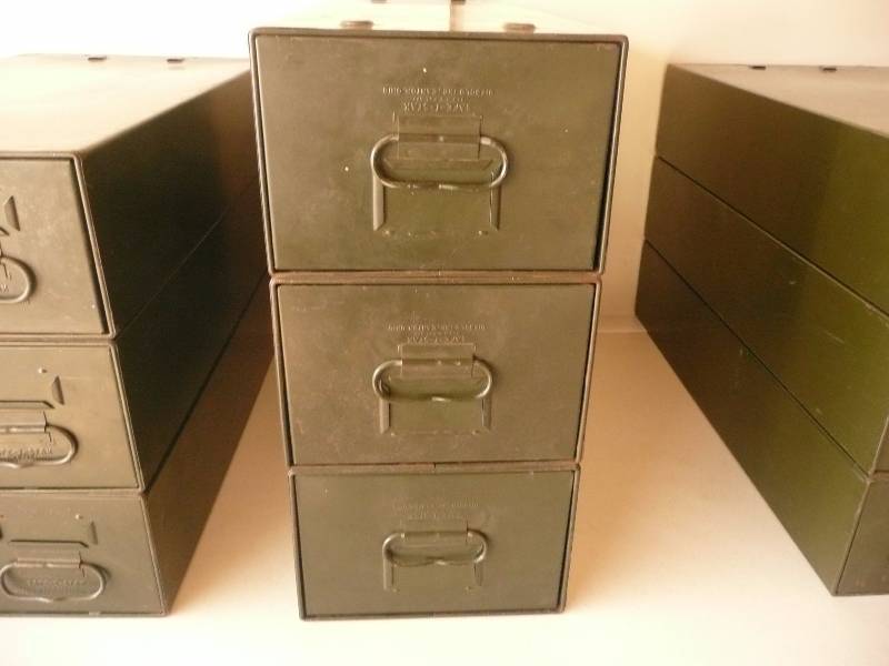 lot 25 image: Three - Vintage Safe-T-Stack Green Metal Storage Index File Card Drawer - Diebold - Approx 9wide 24long