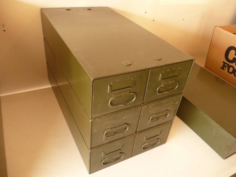 lot 26 image: Three - Vintage Safe-T-Stack Green Metal Storage Index File Card Drawer - Diebold - Approx 13wide 24long