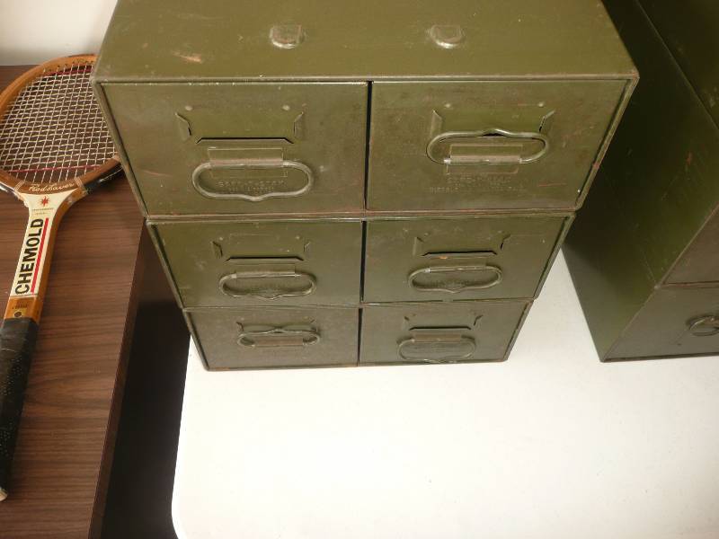 lot 27 image: Three - Vintage Safe-T-Stack Green Metal Storage Index File Card Drawer - Diebold - Approx 13wide 24long