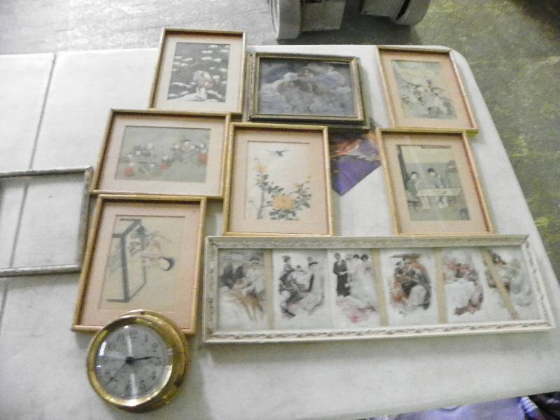 Framed pictures and clock