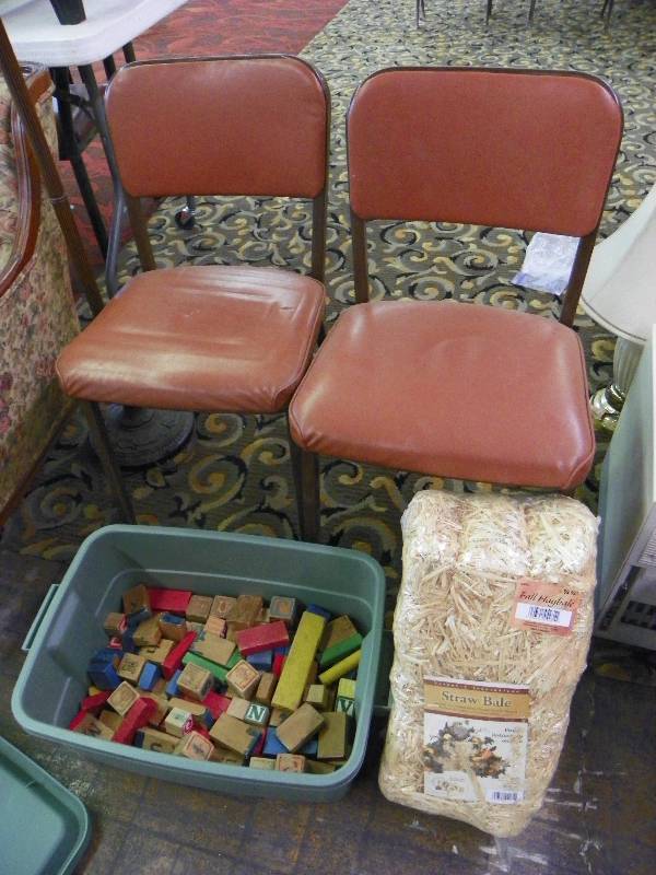 2 Chairs, straw bale and tub of wooden blocks