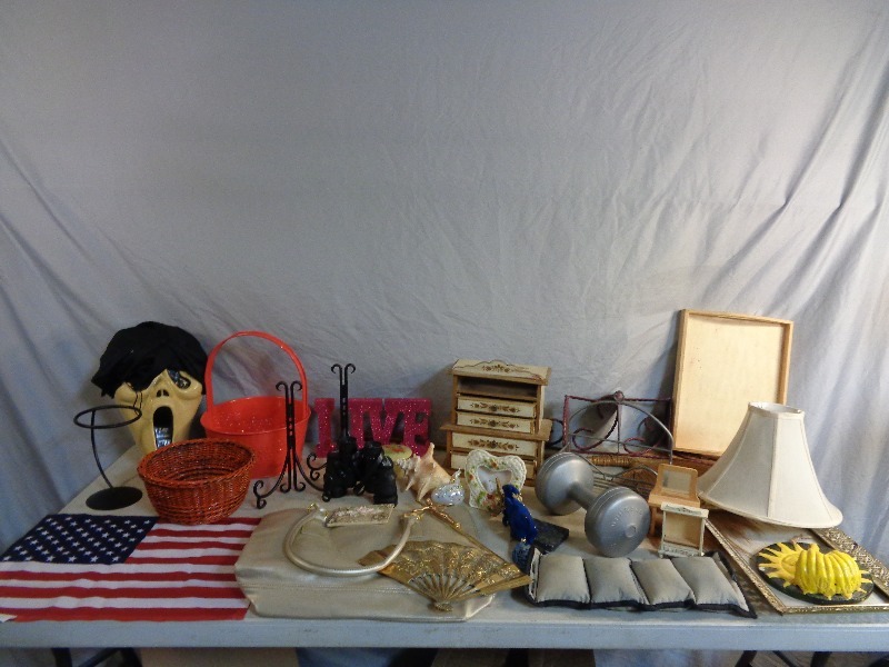 lot 146 image: Wood Drawer Box, Weights, Metal Decor, and More