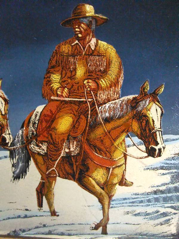 lot 510 image: Oil on Velvet Painting, Horses and Cowboy, 23.5 x 19.25