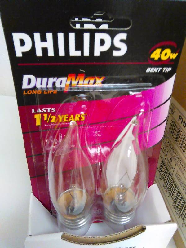 lot 52 image: Phillips Incandescent Bent Tip Dura Max 40w Lightbulbs (6 pkgs.) 2 pkg. contains two bulbs