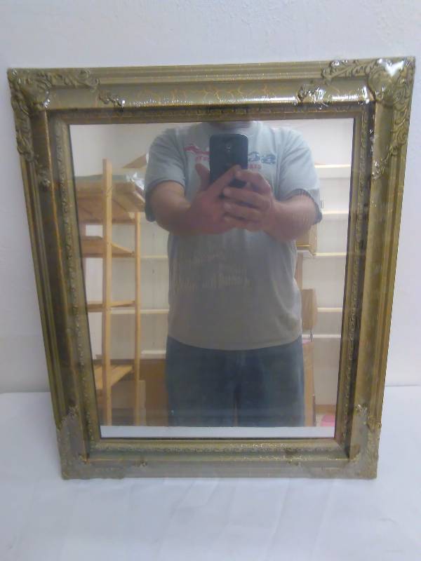 lot 19 image: Mirror, Heather Green and Gold Frame, measures 17 inches x 14 inches