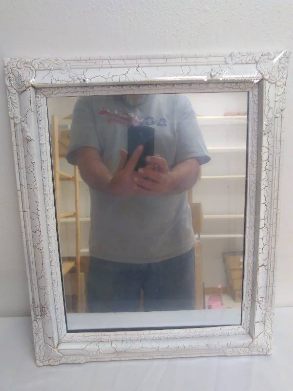 lot 20 image: Mirror, White Crackle Paint Frame, measures 17 inches x 14 inches