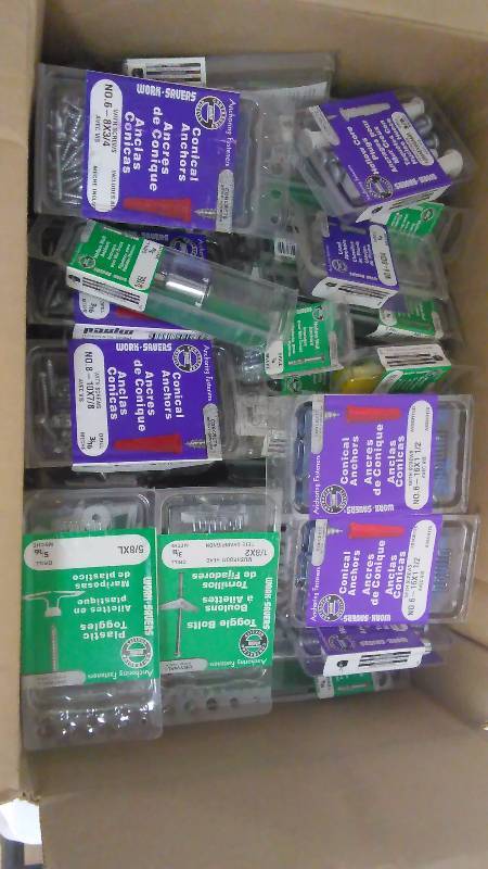 lot 174 image: Hardware Variety, large lot, (100 pkgs.) This lot contains new in package, toggle bolts, hollow wall mount, concrete screws and MORE. There are 100 packages total