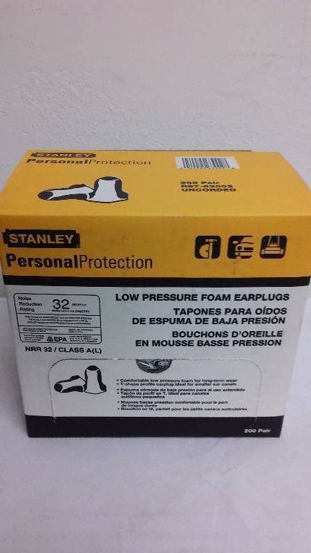 lot 305 image: Foam Ear Plugs (200 pr.) Low pressure, lowers noise up to 32 decibels, By Stanley