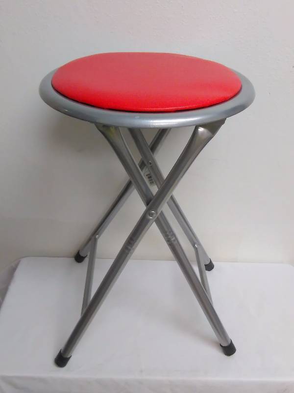 lot 367 image: Padded Folding Stool, 18 inches Tall, 12-inch seat, Spring Loaded Lock, Folds Flat for Easy storagetravel.  Lightweight but very sturdy.