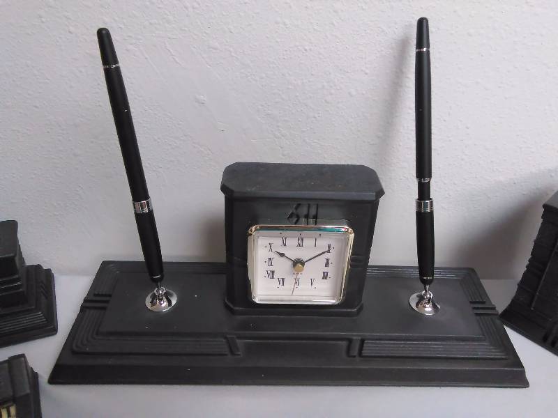 lot 528 image: 4 pc. Desk Set, Pen Holder, post it note holder, Business card Holder and pen Stand with Clock, Ceramic, Heavy Duty