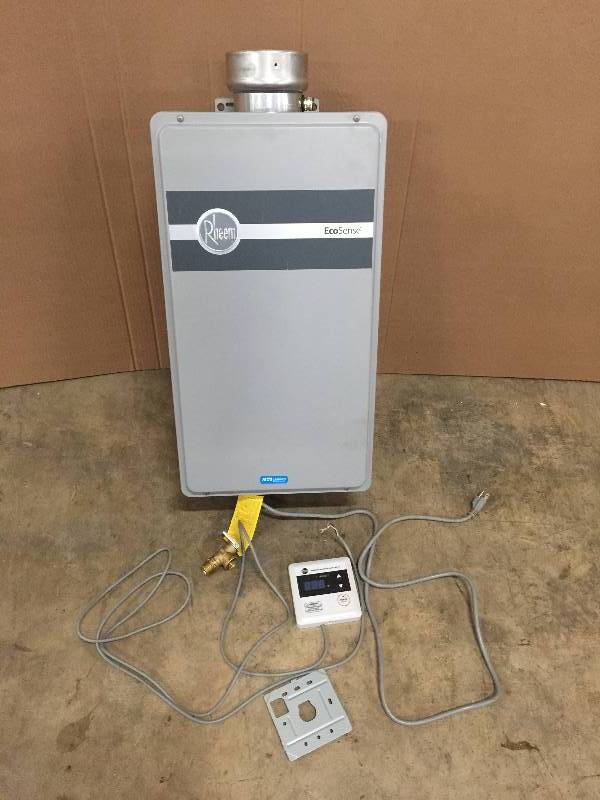 lot 7 image: Rheem Eco Sense 8.4 GPM Natural Gas Mid Efficiency Indoor Tankless Gas Water Heater Never used model ECO180DVLN3-1