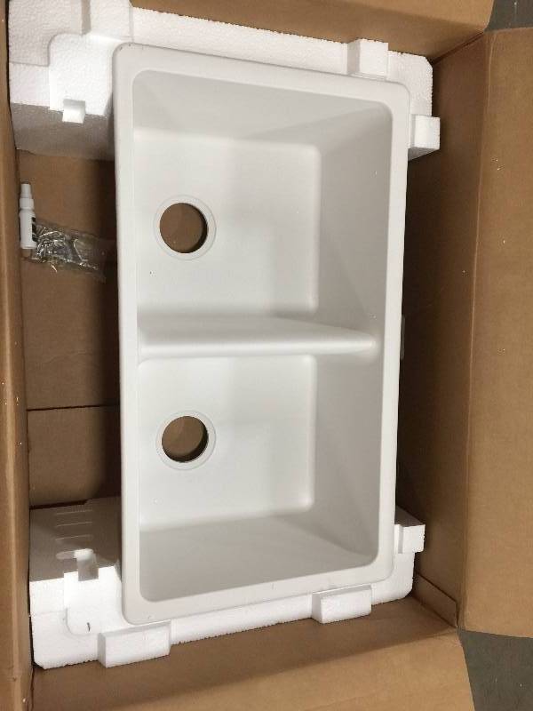 lot 11 image: Elkay Quartz Classic Undermount Composite 33 in. Double Bowl Kitchen Sink in White Never used Model ELGU3322WH0