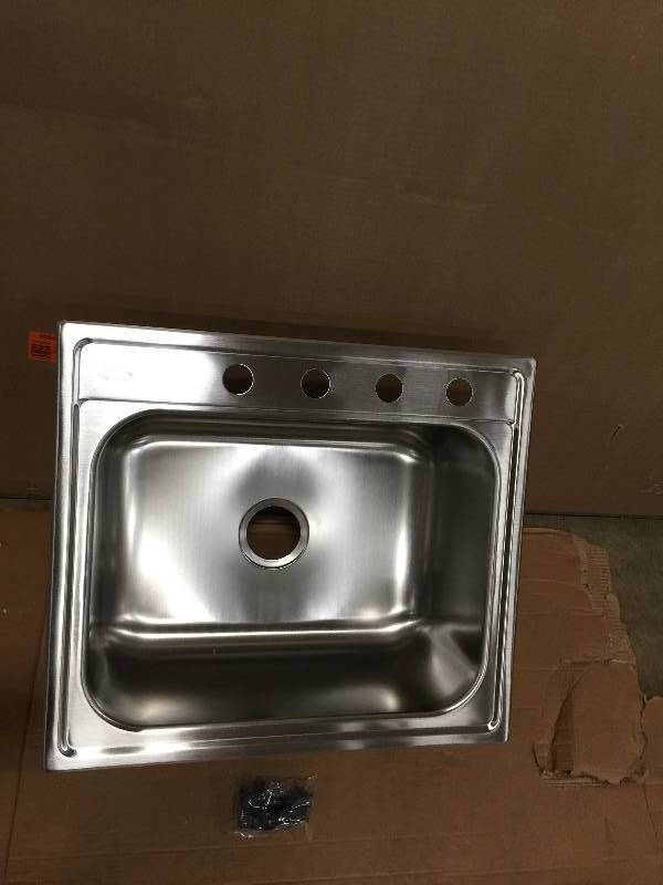 lot 18 image: Elkay Signature Top Mount Stainless Steel 25 in 4 Hole Single Bowl Kitchen sink Model SLPF2522104 Never used