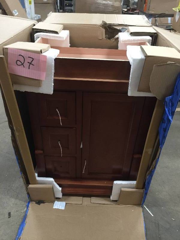 lot 27 image: Foremost Naples 24 in. W x 21-78 in. D x 34 in. H Vanity Cabinet Only in Warm Cinnamon Model NACA2421D Never used