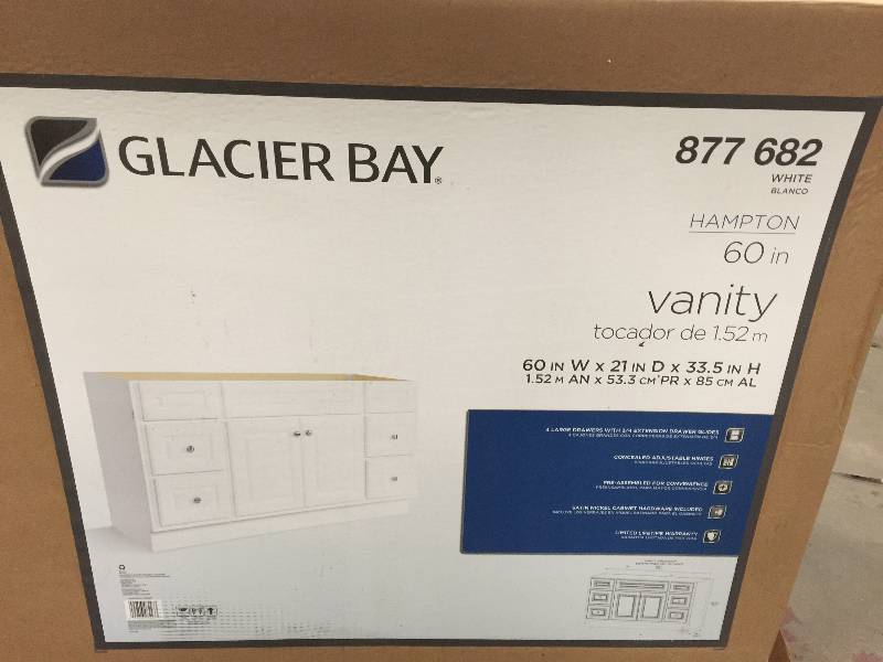 lot 35 image: Glacier Bay Hampton 60 in. W x 21 in. D x 33-12 in. H Vanity Cabinet Only in White Model HWH60DY Never used