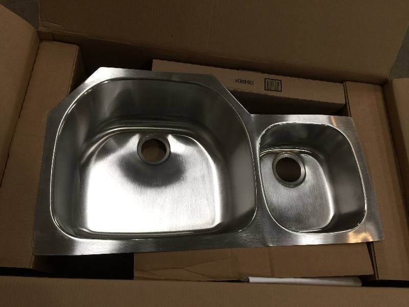 lot 38 image: Elkay Lustertone Undermount Stainless Steel 36 in. 0-Hole Double Bowl Kitchen Sink Never used Model ELUH362110R