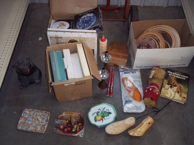 lot 111 image: Emboidery rings, collector plates, shoe stretchers, Candle holders, ext