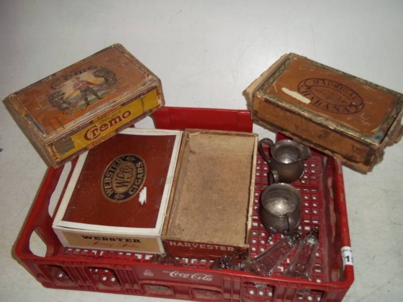 lot 152 image: Many Vintage items to include cigar boxes and silver plated ware, salt and pepper shakers.