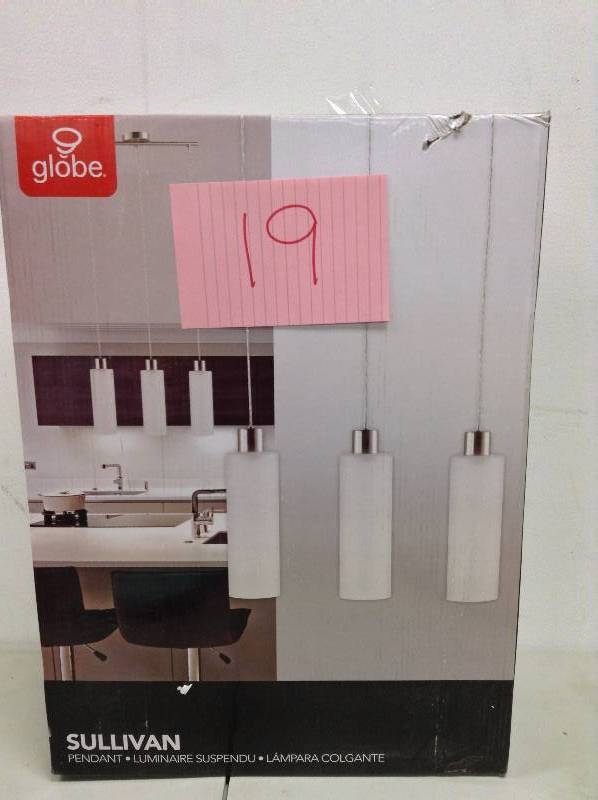 lot 19 image: Globe Electric Sullivan 3-Light Brushed Steel and Frosted Glass Shade Mini Pendant Model#  65126