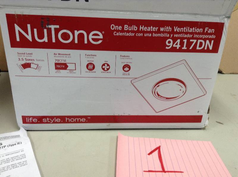 lot 1 image: NuTone 70 CFM Ceiling Exhaust Fan with 1 - 250-Watt Infrared Bulb Heater Model#  9417DN  open box never used