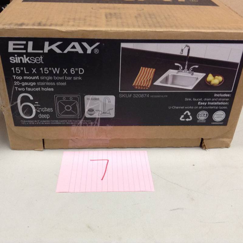 lot 7 image: Elkay Neptune All-in-One Drop-In Stainless Steel 15 in. 2-Hole Single Bowl Bar Sink open box never used