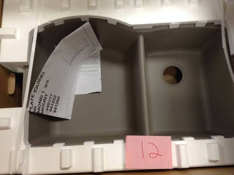lot 12 image: Blanco Diamond Undermount Granite 32 in. 0-Hole Double Bowl Kitchen Sink in Truffle Model#  441284  open box never used