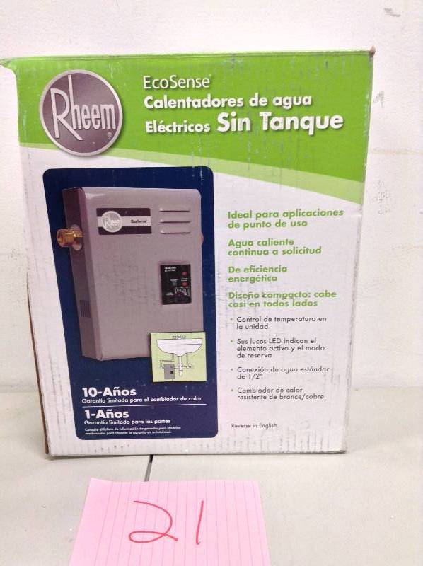 lot 21 image: Rheem EcoSense RETE-9 - 9kW 1.37 GPM Point of Use Tankless Electric Water Heater Model#  RETE 9  open box never used