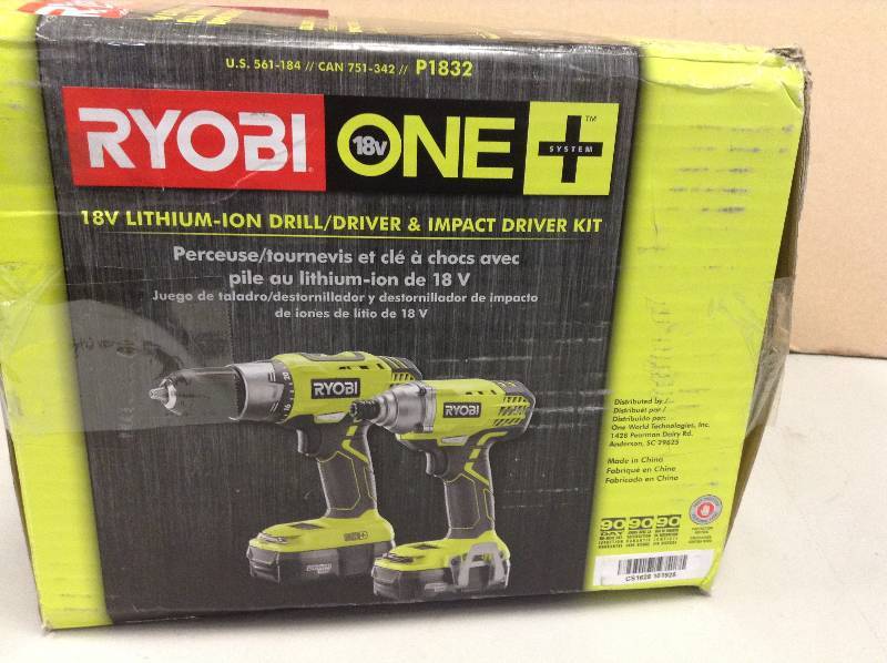 lot 23 image: Ryobi 18-Volt ONE DrillDriver and Impact Driver Kit Model#  P1832  open box never used