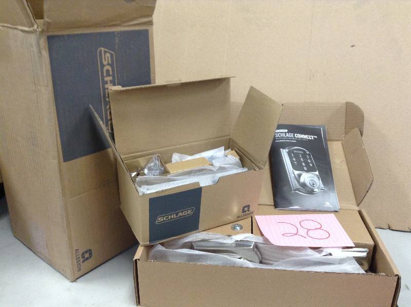 lot 28 image: Schlage Connect Camelot Aged Bronze Touchscreen Deadbolt with Alarm and Handleset with Accent Interir Lever never used model FE469NX