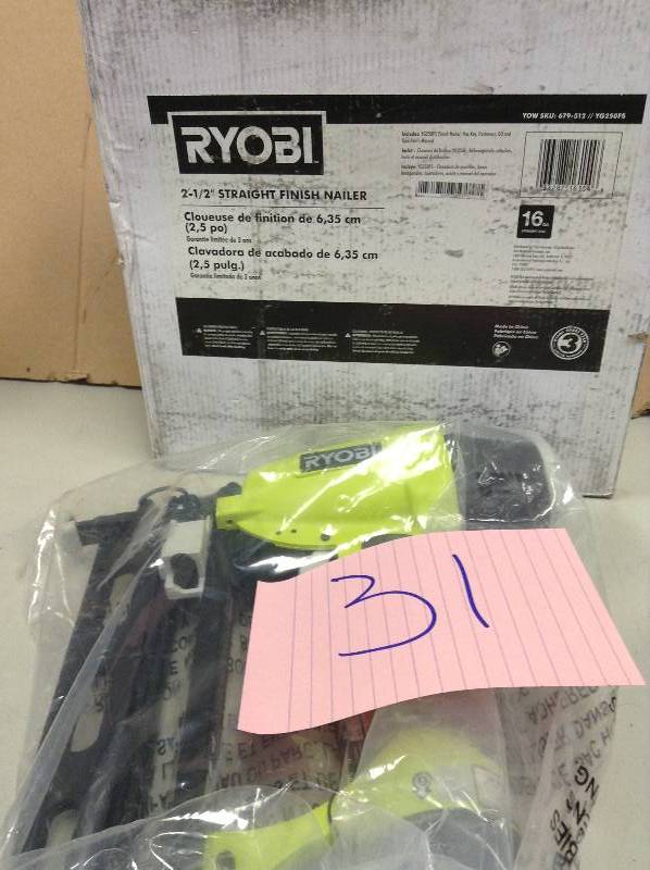 lot 31 image: Ryobi 2.5 in. x 16-Gauge Straight Nailer open box never used Model # YG250FS