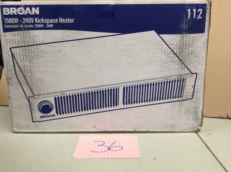lot 36 image: Broan 1,500-Watt White Electric Kick Space Heater open box never used