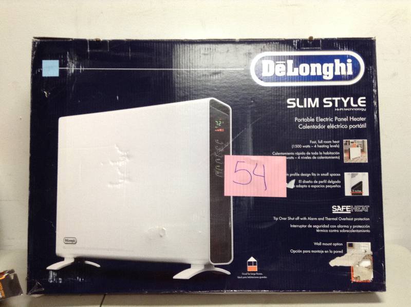 lot 54 image: DeLonghi Slim Style 1,500-Watt Electric Portable Panel Heater open box never used
