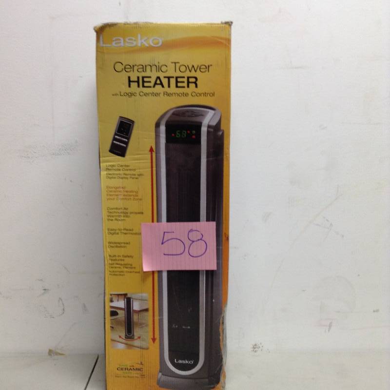 lot 58 image: Lasko 1,500 Watt Electric Portable Ceramic Tower Heater with Logic Center Remote Control open box never used