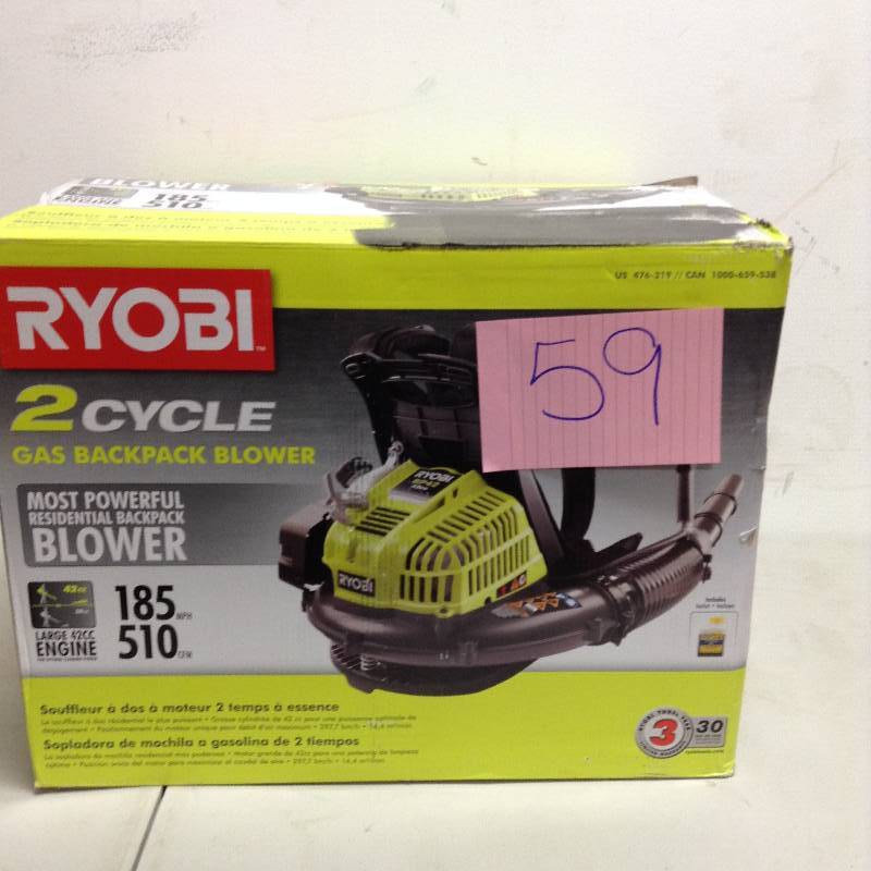 lot 59 image: Ryobi 185 MPH 510 CFM Gas Backpack Leaf Blower open box never used