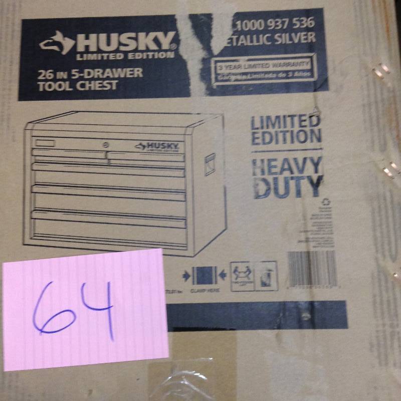 lot 64 image: Husky 26 in. W 5-Drawer Chest, Metallic Silver open box never used