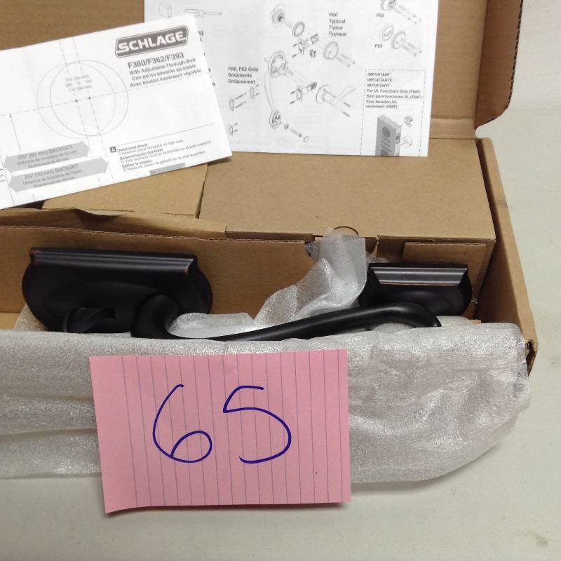 lot 65 image: Schlage Wakefield Oil-Rubbed Bronze Right-Hand Handleset with St. Annes Interior Lever open box never used