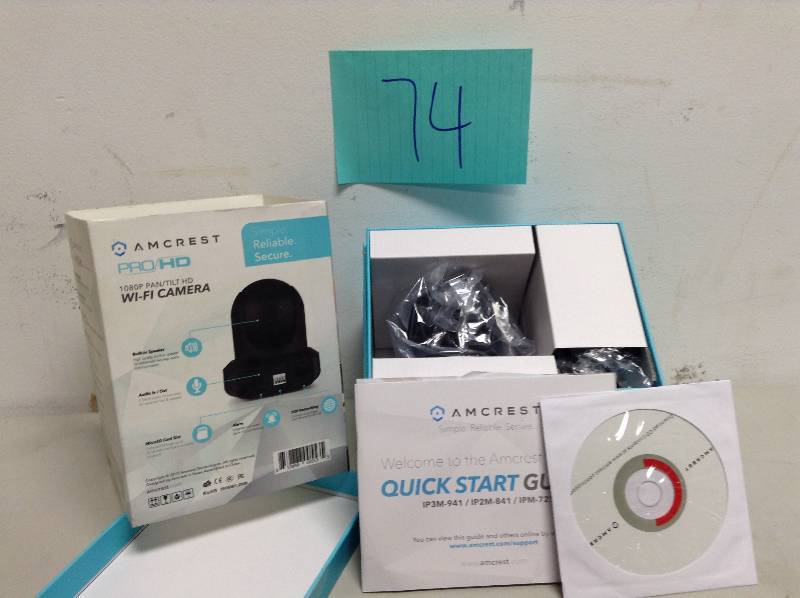 lot 74 image: Amcrest 1080p Wi-Fi Video Monitoring Security Wireless IP Camera with PanTilt, 2-Way Audio, Plug and Play Setup open box never used