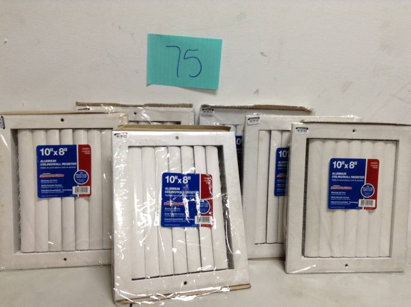 lot 75 image: Lot of 5  TruAire 10 in. x 8 in. 1 Way Aluminum Adjustable Curved Blade WallCeiling Register  New