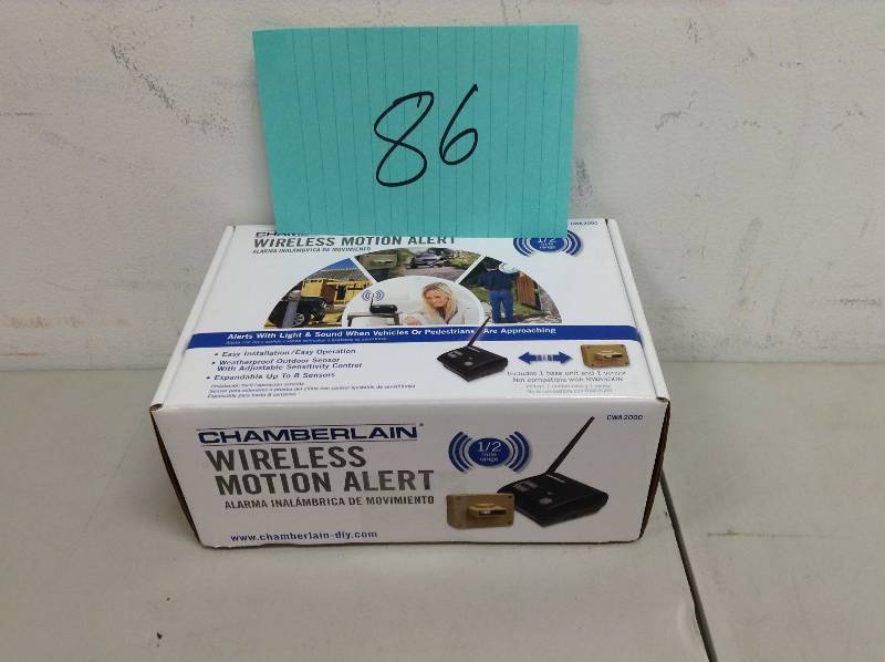 lot 86 image: Chamberlain Motion Sensor with Wireless Motion Alert open box never used Model # CWA2000