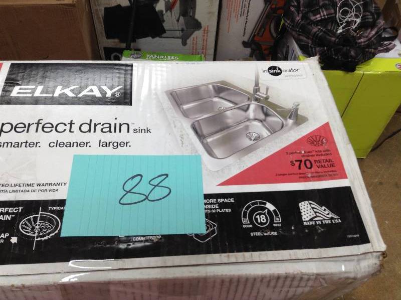 lot 88 image: Elkay Innermost Perfect Drain Dual Mount Stainless Steel 33 in. 2-Hole Double Bowl Kitchen Sink Model # HD523637 open box never used