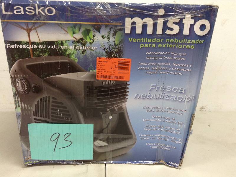 lot 93 image: Lasko 15 in. Tall Misto Outdoor Misting Fan open box never used